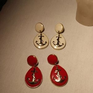 Anchors Away Two Sets of White & Red Earrings